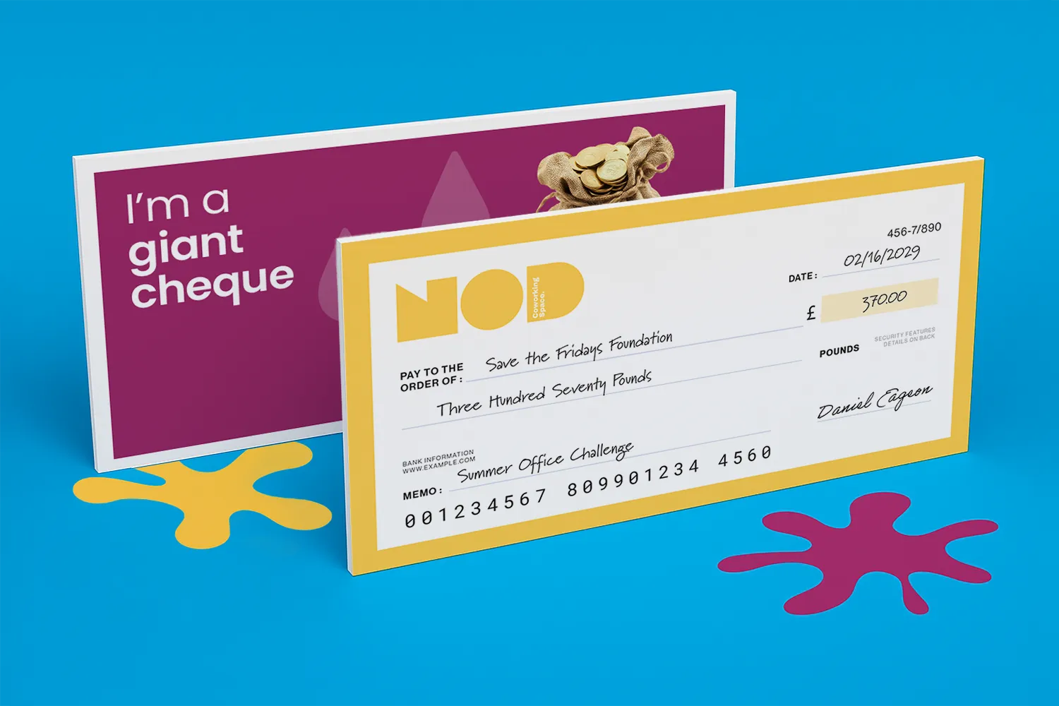 A novelty giant cheque for £370.00 is displayed on a blue background with ink splats