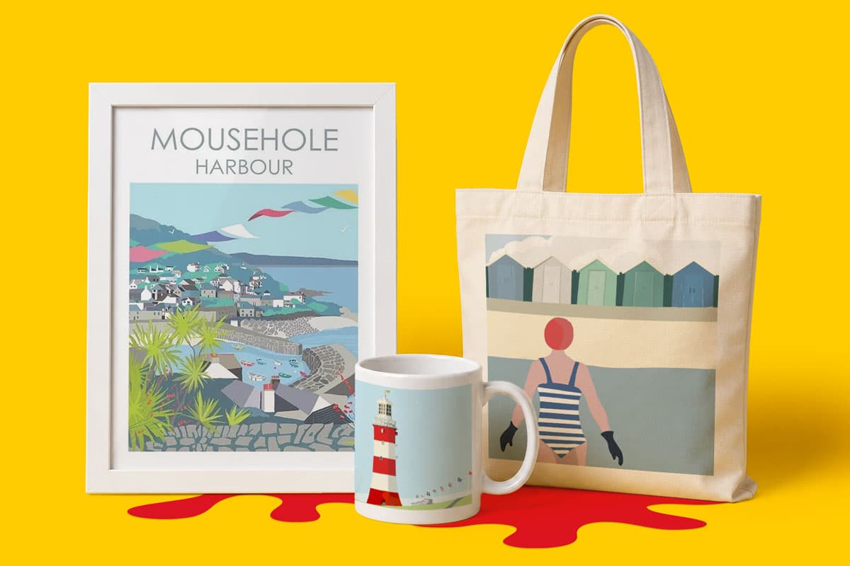 Framed harbour print, mug with lighthouse, and tote bag with beach scene on yellow background.