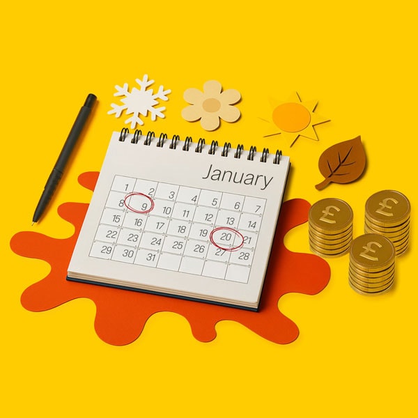 Desk calendar open to January, pen, paper shapes, and stacked coins on yellow background.