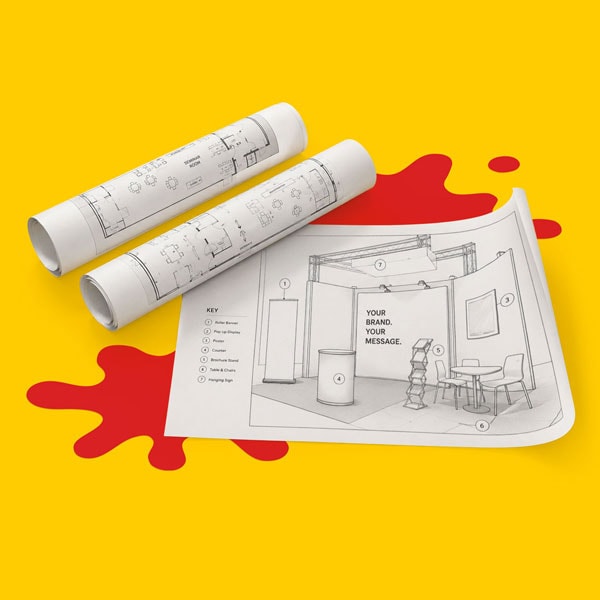 Two rolled-up blueprints and one unrolled expo booth diagram on a yellow background with red splash.