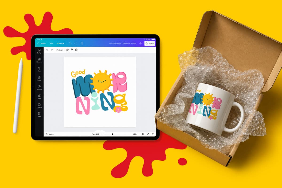 Tablet and mug both display a colorful "Good Morning" design with a sun illustration.