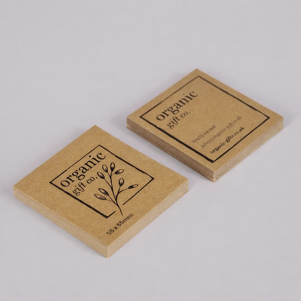 A stack of brown kraft square shaped cards.