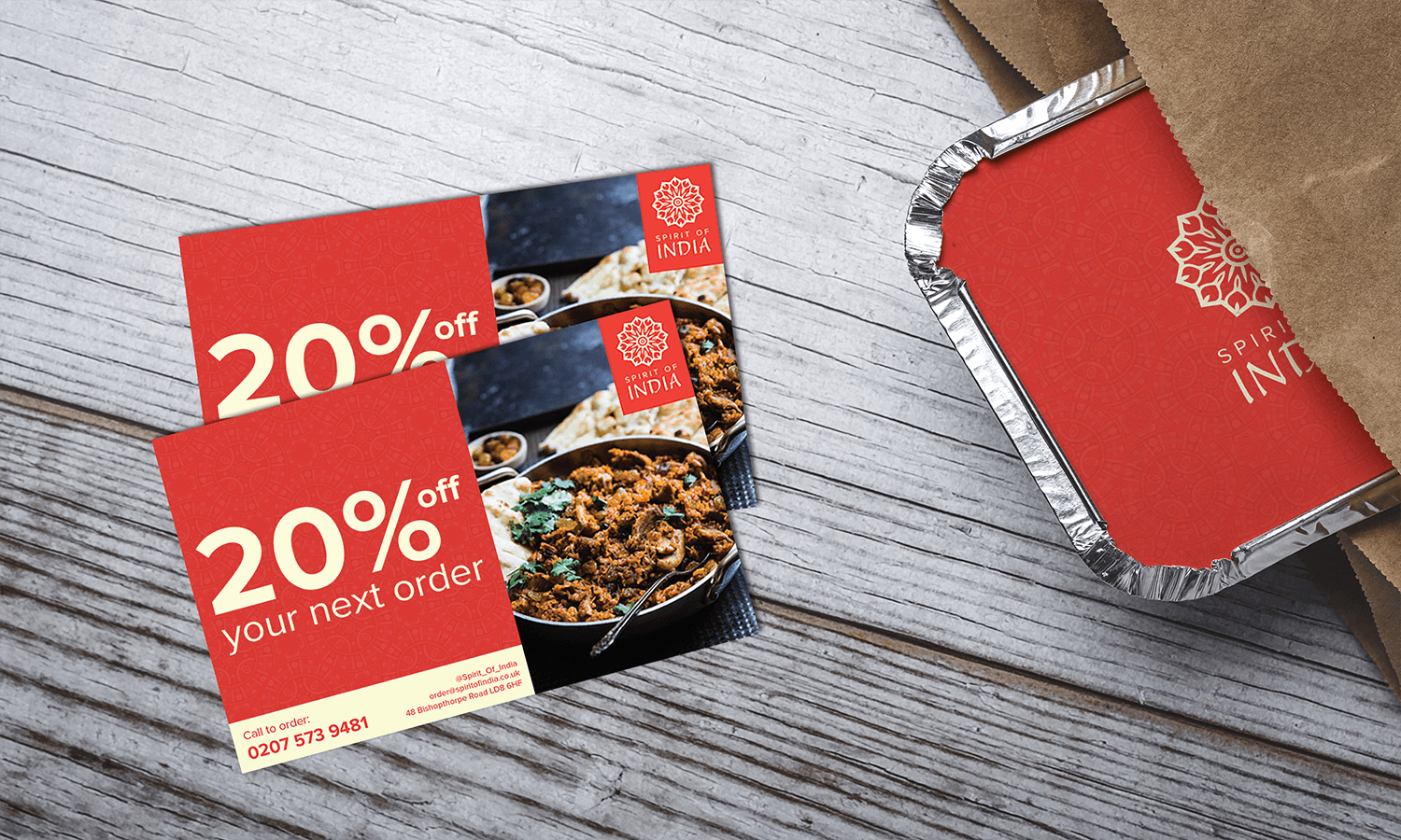 Two 20% off coupons for an Indian restaurant next to a takeaway food container and paper bag.