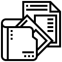 Line drawing of a closed book next to a sheet of paper with text and a profile icon.