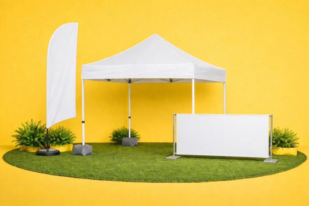 White canopy tent with blank banner and flag on artificial grass against a yellow background.