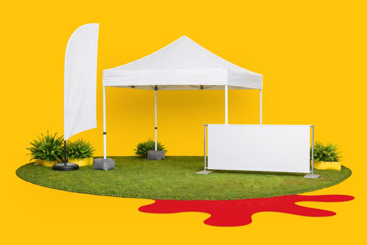 White canopy tent, flag, and blank sign on green grass with yellow background and red shape.