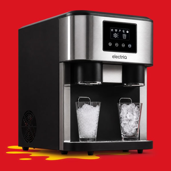 Countertop ice maker dispensing two types of ice into separate glasses against a red background.