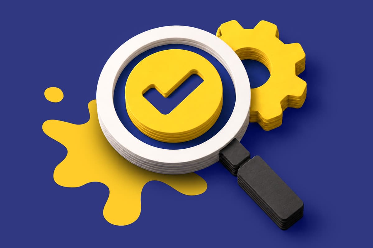 Magnifying glass over a yellow checkmark icon and gear on a blue background.