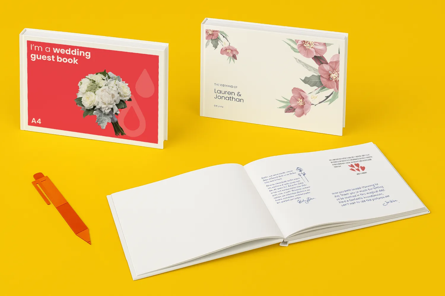 Three wedding guest books, one open, with floral designs on a yellow background.