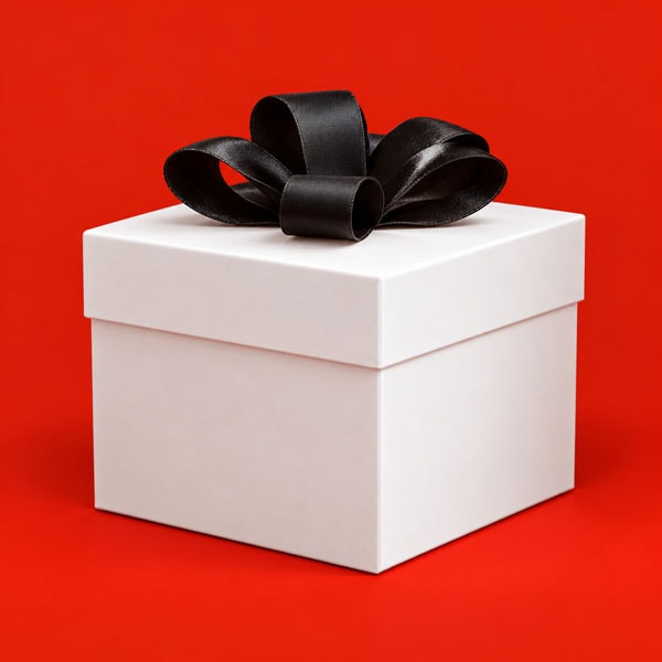 White square gift box with a black ribbon bow on top against a red background.