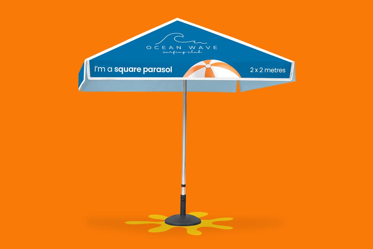 Square blue parasol with text, standing on an orange background with a yellow splash shape.