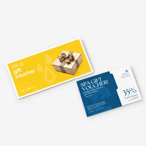 Two spa gift vouchers, one yellow and one blue, both offering a 35% discount.