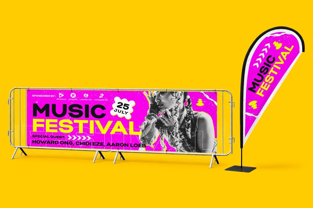 Banner and flag display for a music festival on July 25 with special guest performers.