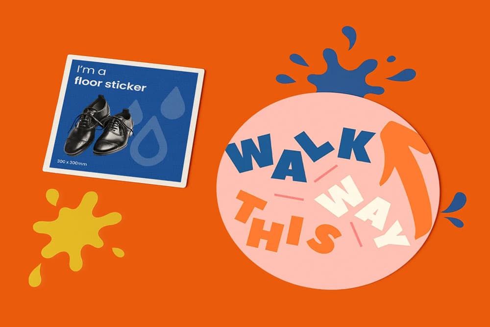 A blue floor sticker with shoes and a large round sign saying "WALK THIS WAY" on an orange background.