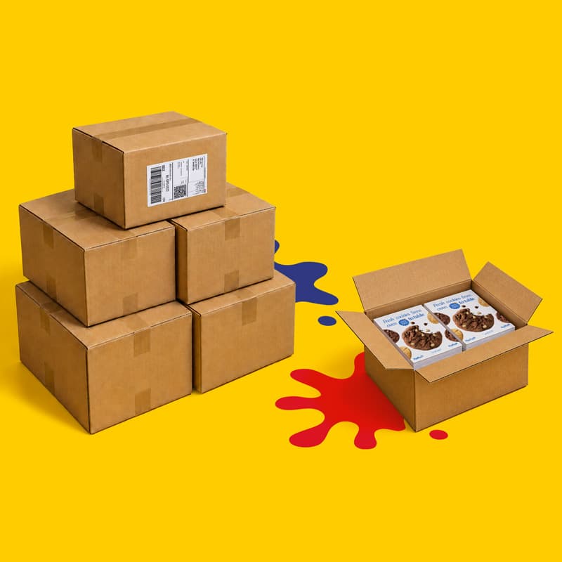A stack of cardboard boxes next to an open box containing two cookie mix cartons.