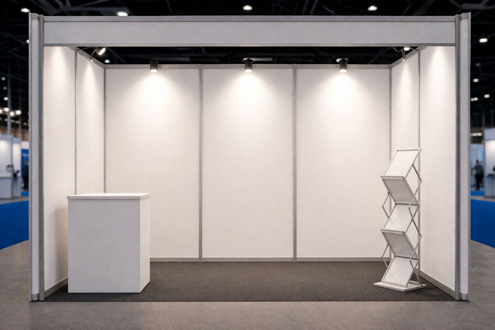 Empty white exhibition booth with counter and brochure stand in a convention center.