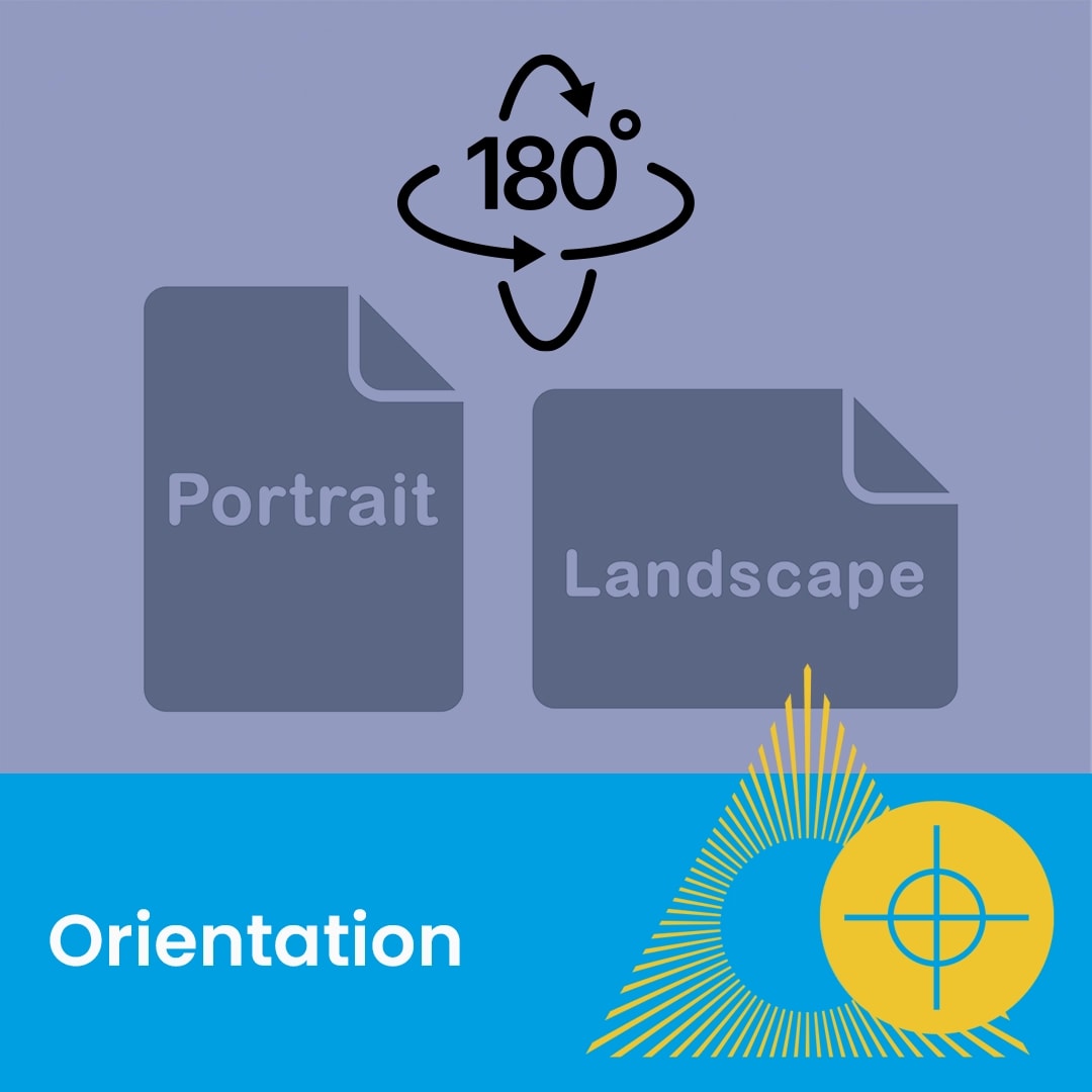Two document icons labeled Portrait and Landscape with a 180-degree rotation symbol above them.