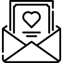 Line drawing of an open envelope containing a card with a heart on it.