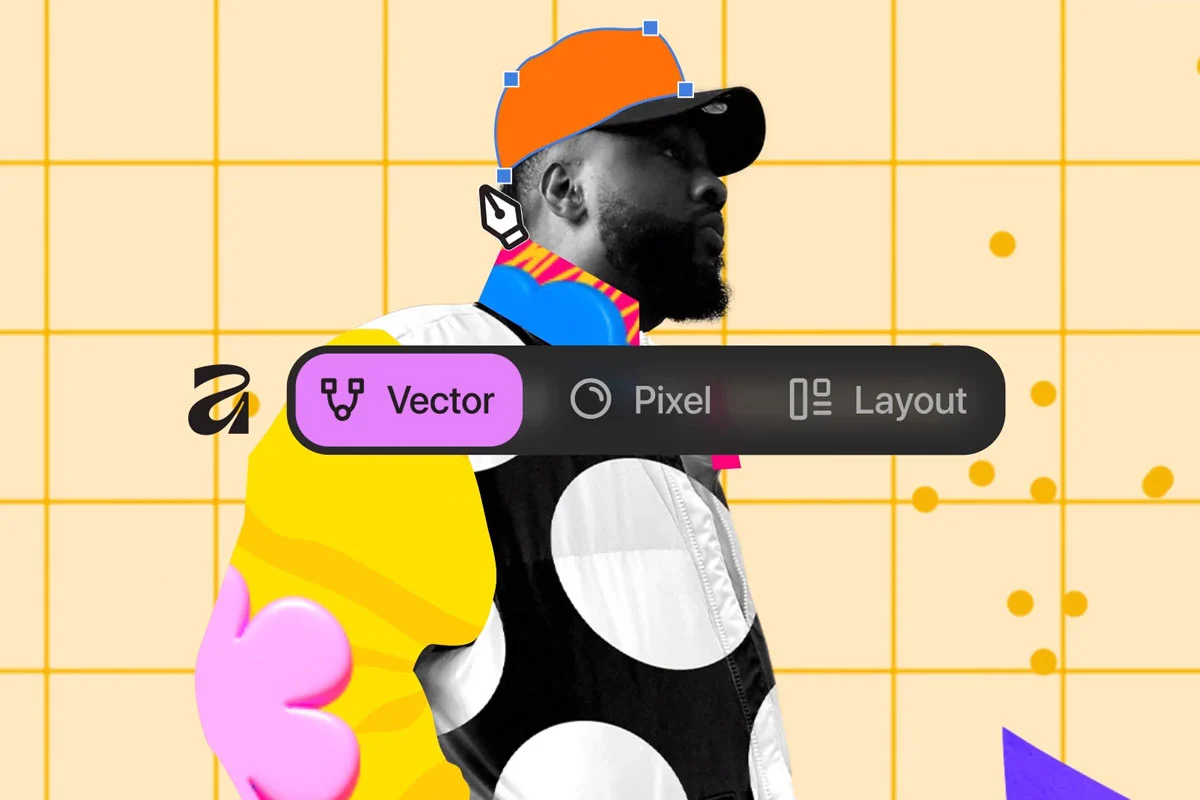 A stylised man in a cap with digital editing tools overlaid on a yellow grid background.