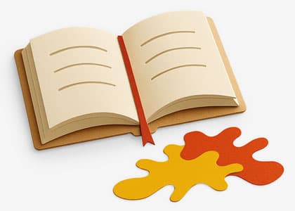 Illustration of an open book with a red bookmark and yellow and orange paint splatters.