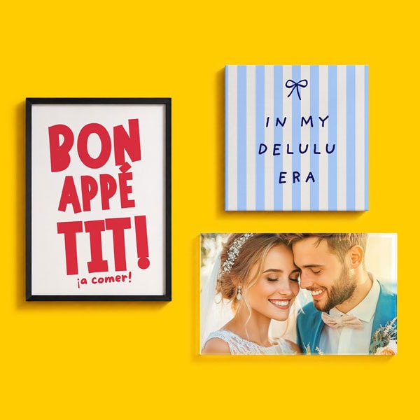 Three framed wall prints: two with text, one with a smiling bride and groom on their wedding day.