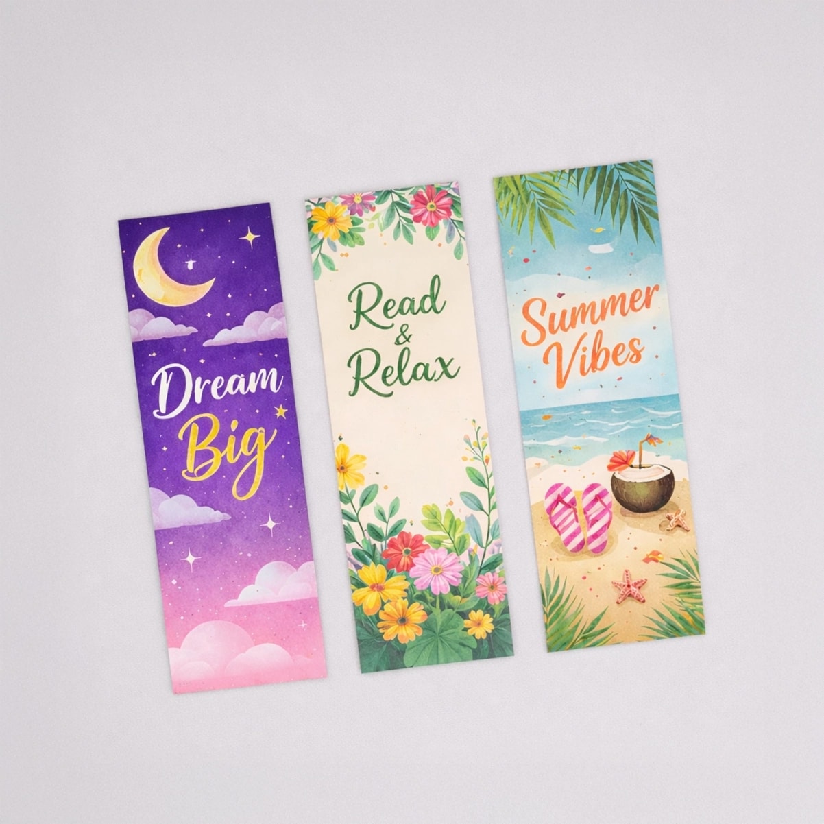Three illustrated bookmarks with the phrases: Dream Big, Read & Relax, and Summer Vibes.