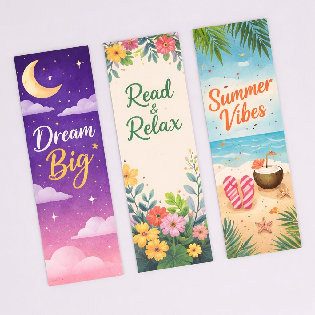 Three illustrated bookmarks with the phrases: Dream Big, Read & Relax, and Summer Vibes.
