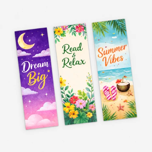 Three illustrated bookmarks with the phrases: Dream Big, Read & Relax, and Summer Vibes.