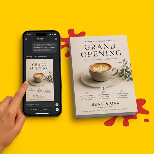 Hand holding a phone displaying a digital flyer beside a printed coffee shop grand opening flyer.