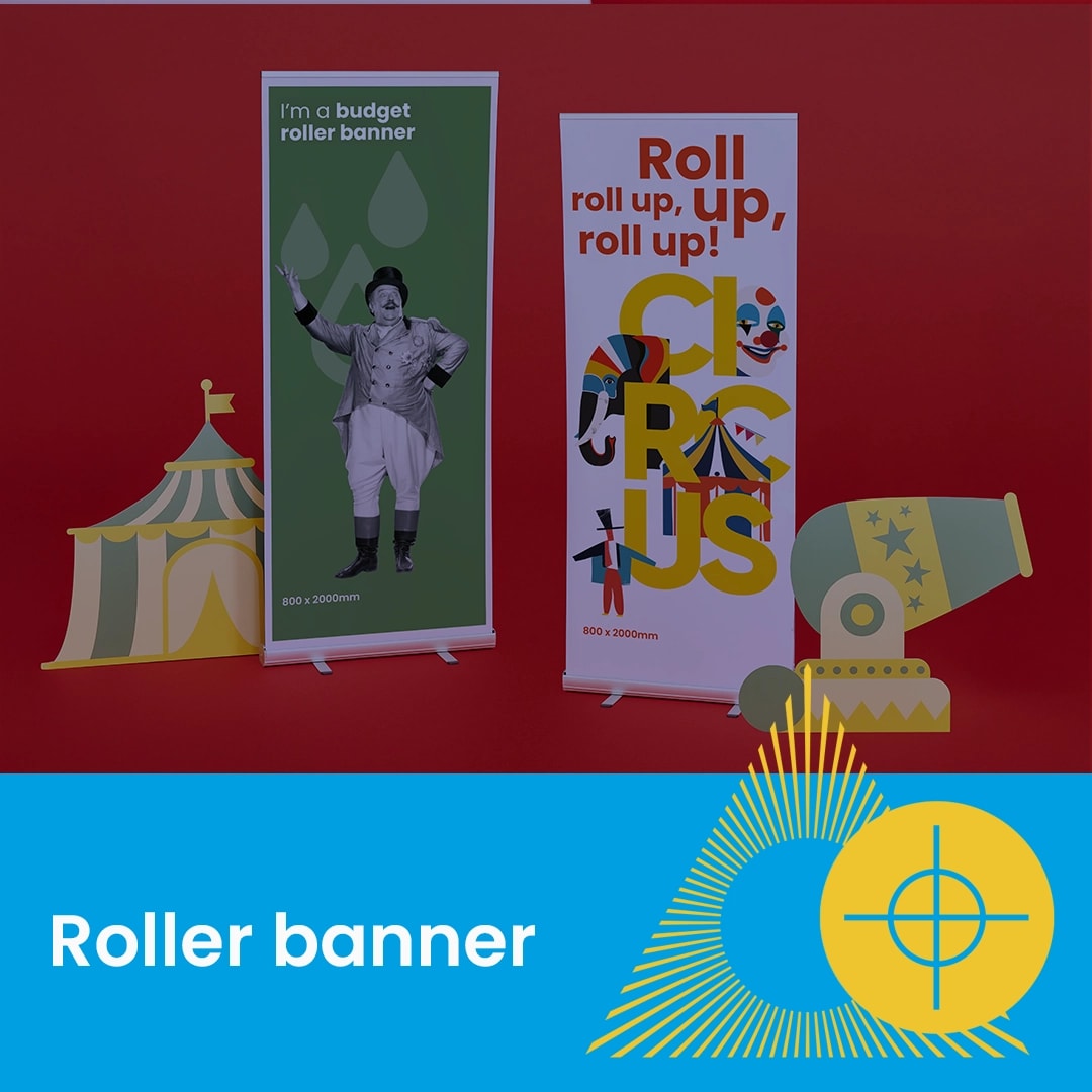 Two upright circus-themed roller banners with a tent and cannon on a red background.