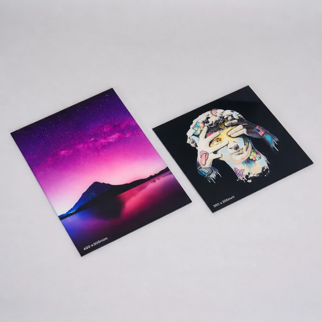 Two acrylic art prints on a grey surface: a mountain at sunset and a colorful abstract portrait.