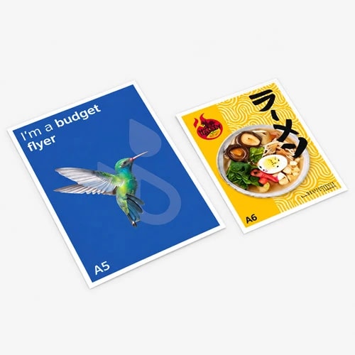 Two printed flyers on a gray surface, one blue with a bird and one yellow with ramen.