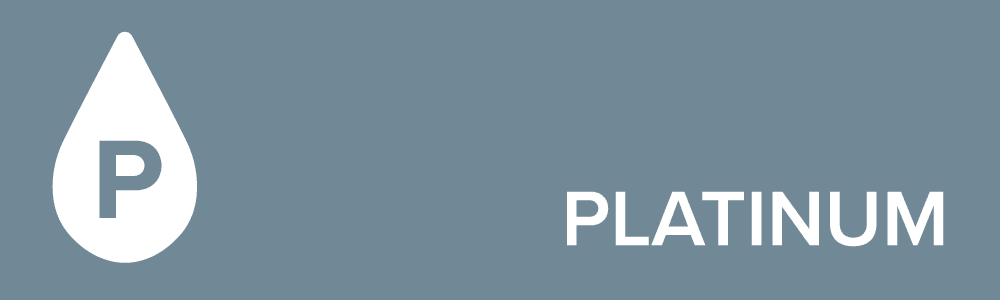 White droplet with a "P" and the word "PLATINUM" on a gray background.