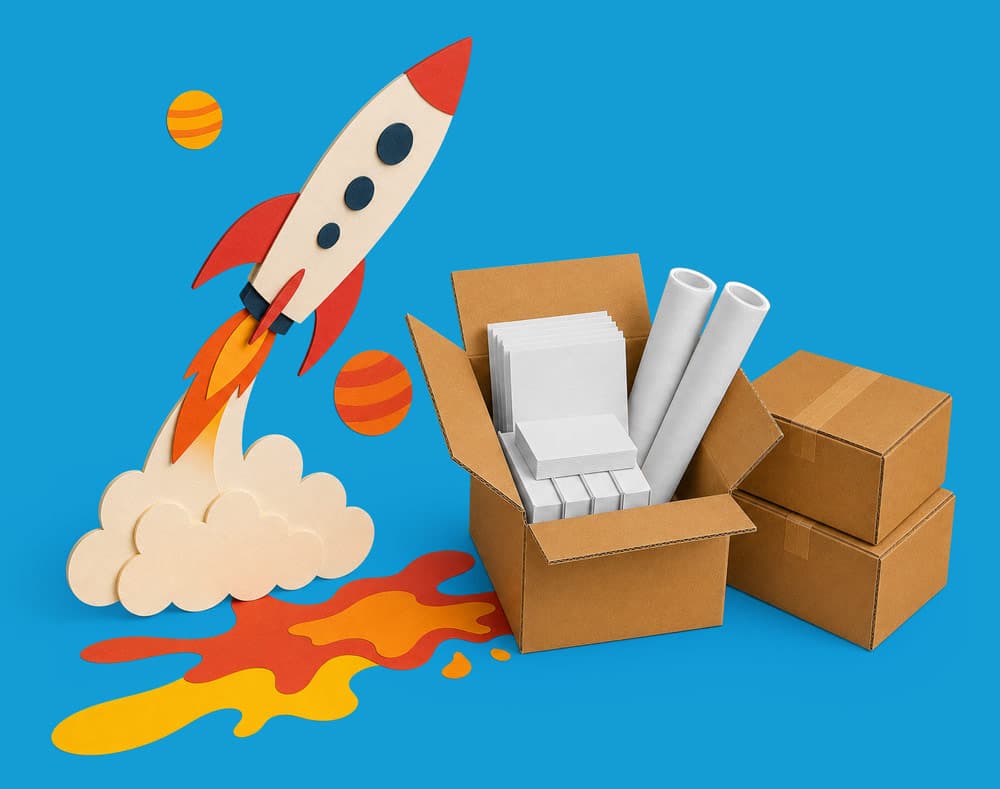 Illustration of a rocket launching near open boxes with papers and rolled posters on a blue background.