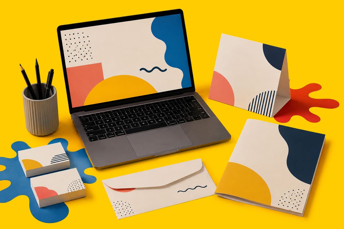 Laptop and stationery scattered on a flat surface with abstract geometric designs on a yellow background.