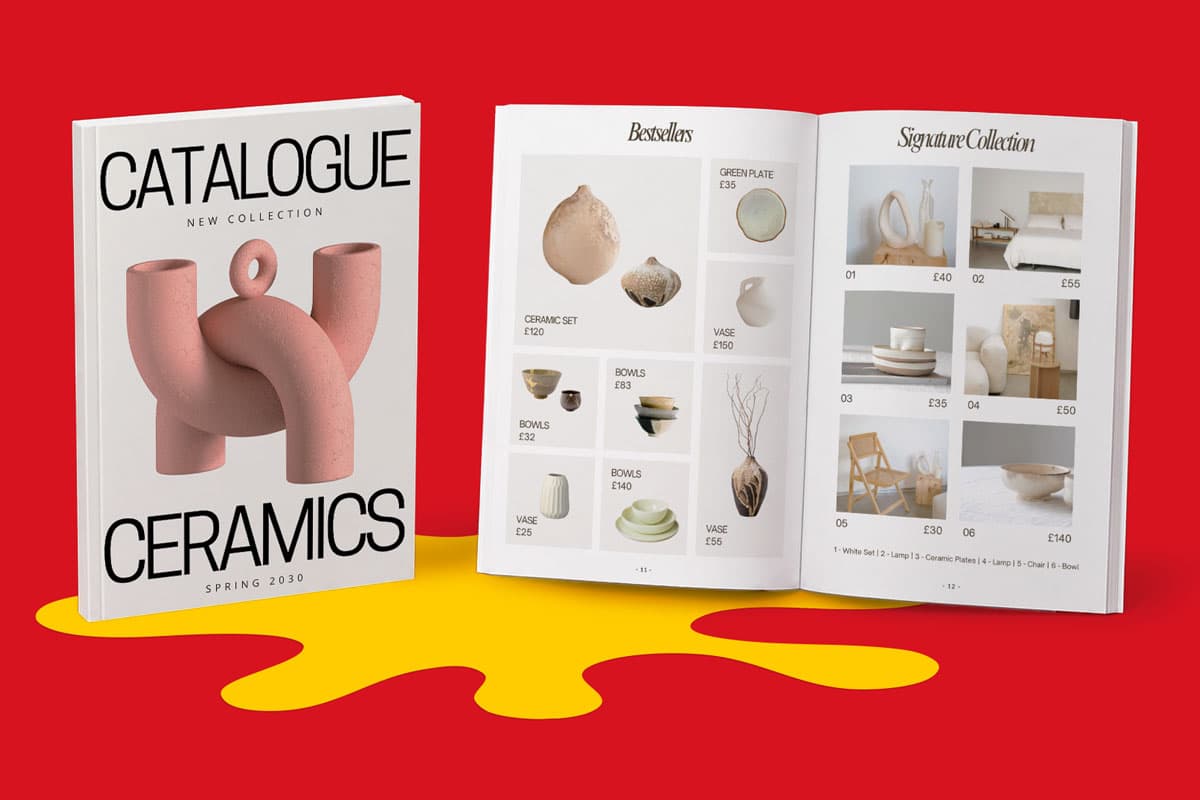Ceramics catalogue with a cover and open pages displaying pottery items and prices.