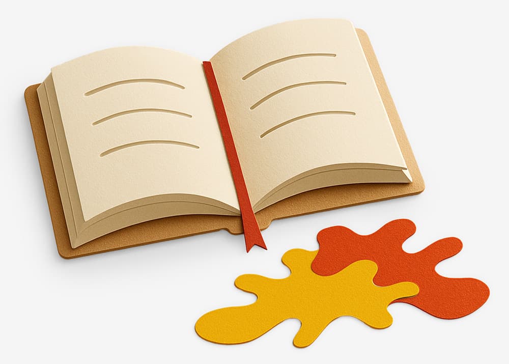 Illustration of an open book with a red bookmark and colored ink splashes beside it.