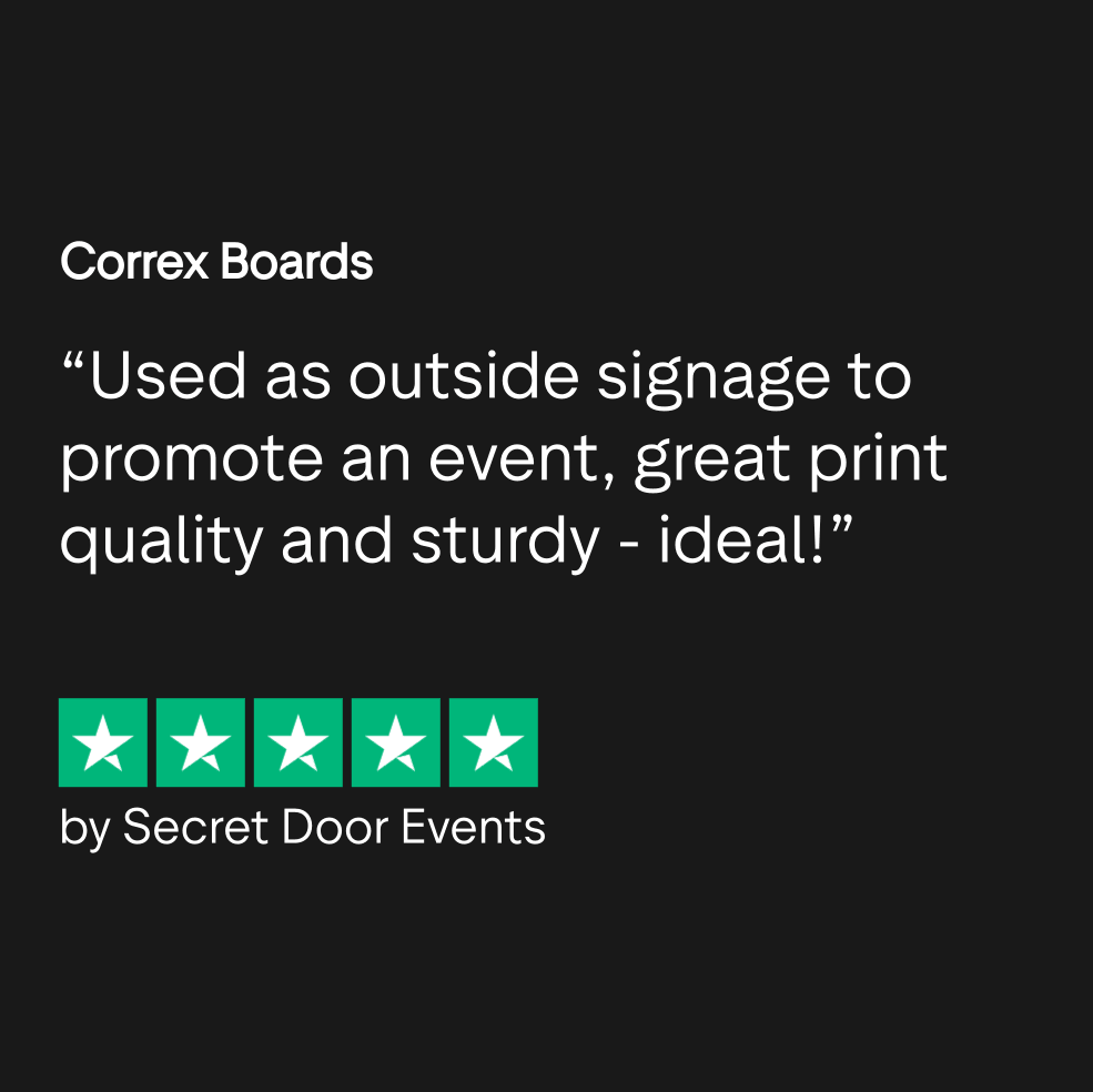 A review of Correx Boards praising print quality and sturdiness, rated 5 stars by Secret Door Events.