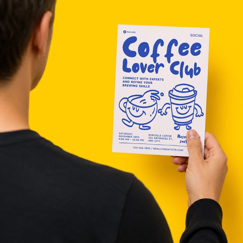 Person holding a Coffee Lover Club flyer against a yellow background.