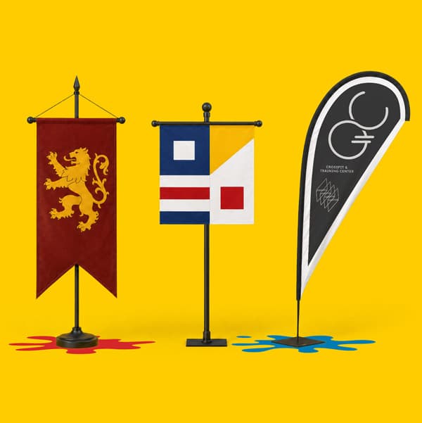 Three different banners stand on a yellow background with colored splatters beneath each one.