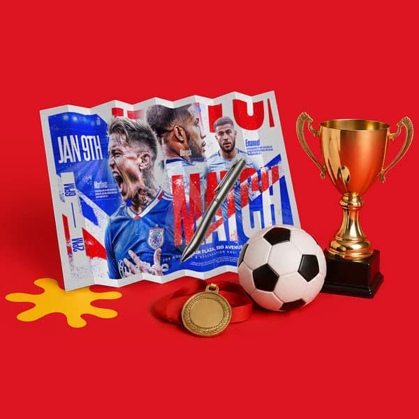 Soccer event flyer, trophy, soccer ball, and medal on a red background.