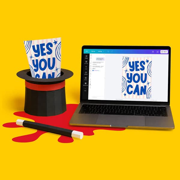 A magician’s hat, wand, and laptop display a “YES YOU CAN” poster on a yellow background.