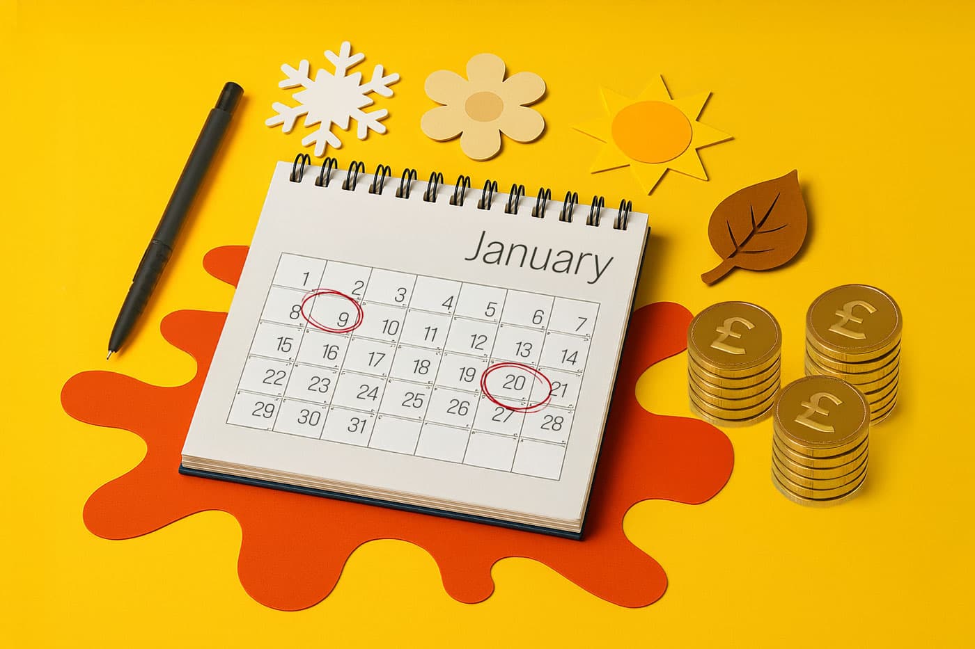 Desktop calendar open to January with circled dates, pen, paper cutouts, and pound coin stacks.