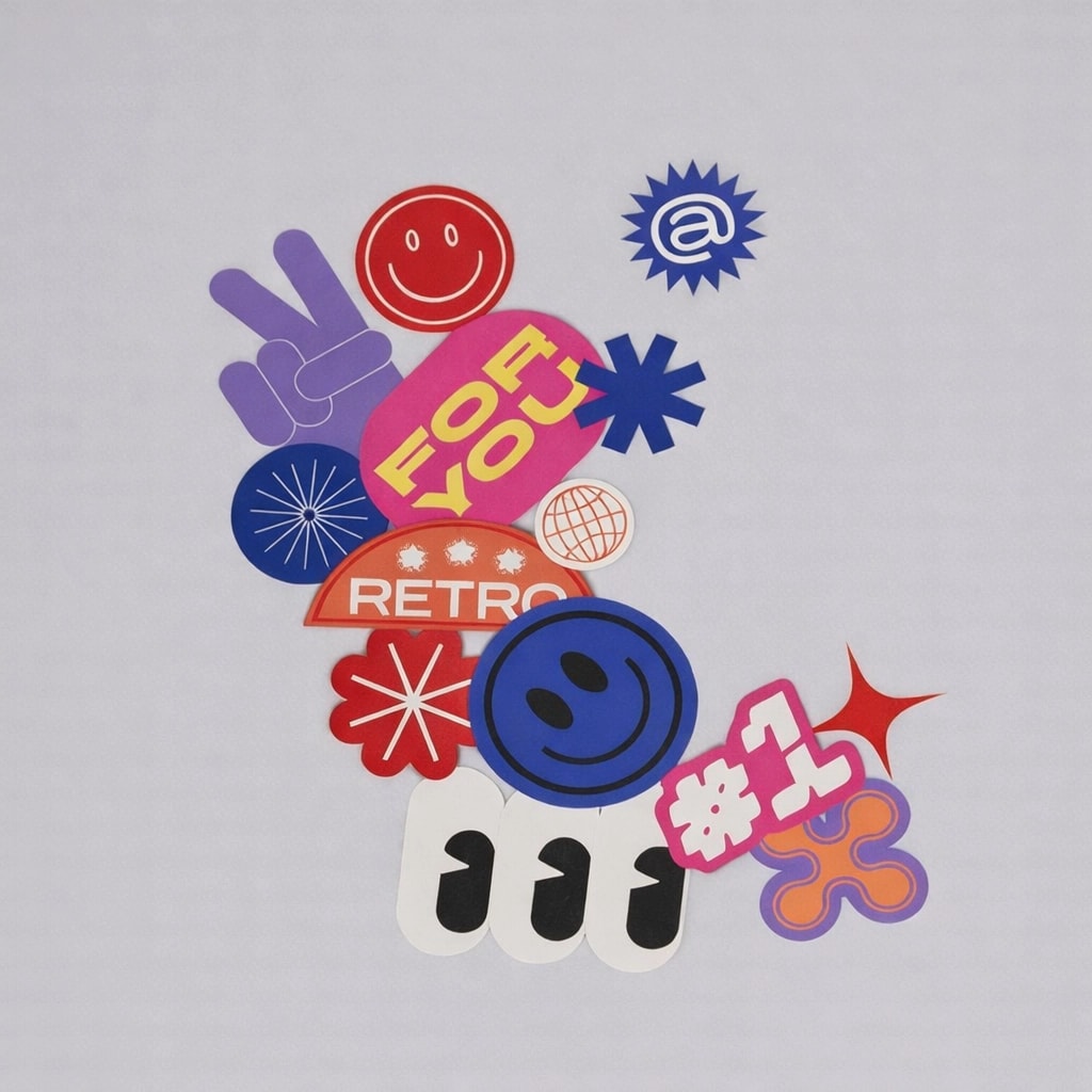 Assorted colorful window graphic stickers, including smiley faces, "FOR YOU," and "#1," on a gray background.