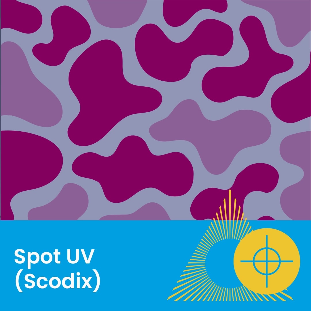 Abstract purple shapes pattern with text "Spot UV (Scodix)" on a blue banner at the bottom.