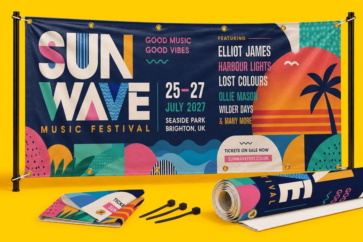Colorful Sun Wave Music Festival banner with event details and abstract beach graphics displayed.
