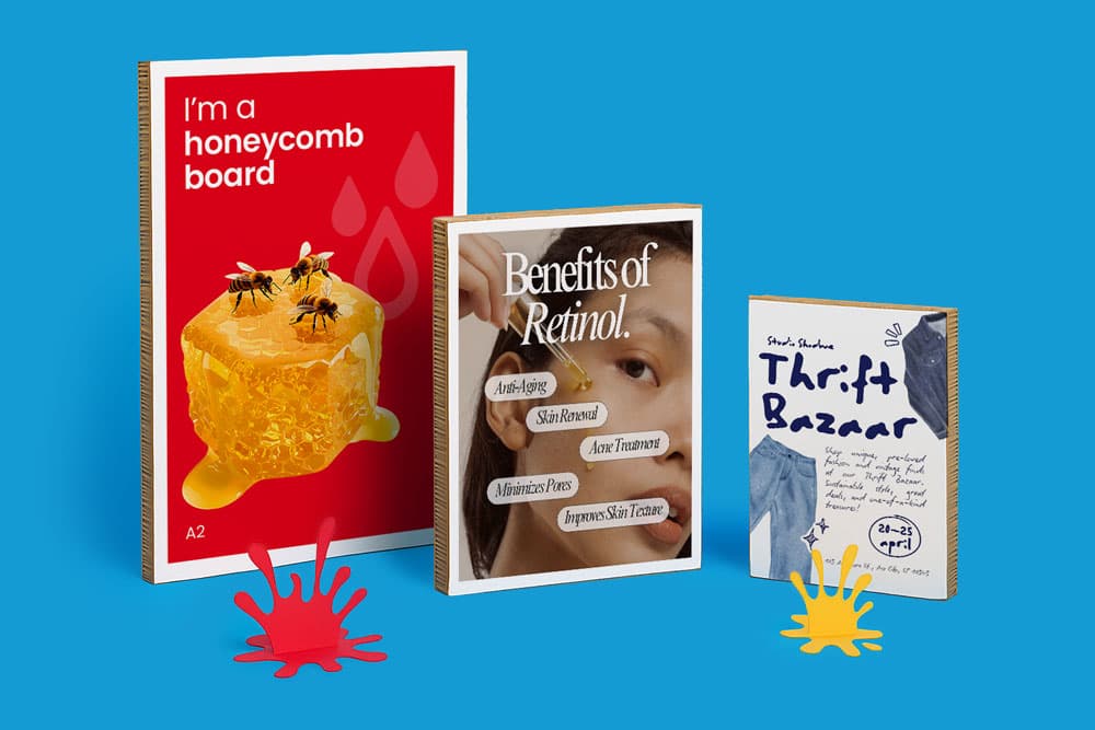 Three books stand upright on a blue background, each with distinct, colourful covers and designs.