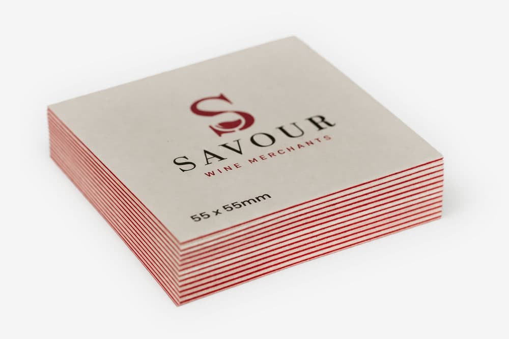 Square business cards with "SAVOUR WINE MERCHANTS" and red striped edges, 55 x 55mm.