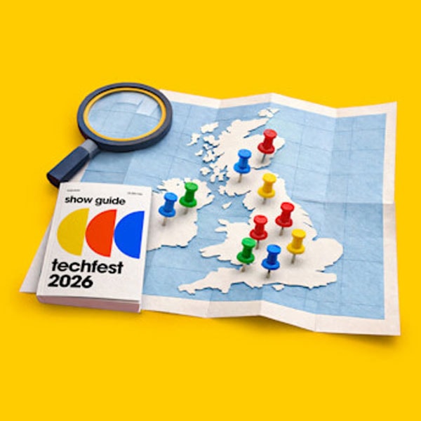 Map of the UK with pins, a magnifying glass, and a TechFest 2026 show guide on a yellow background.