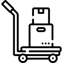 Line drawing of a hand truck carrying two stacked boxes.
